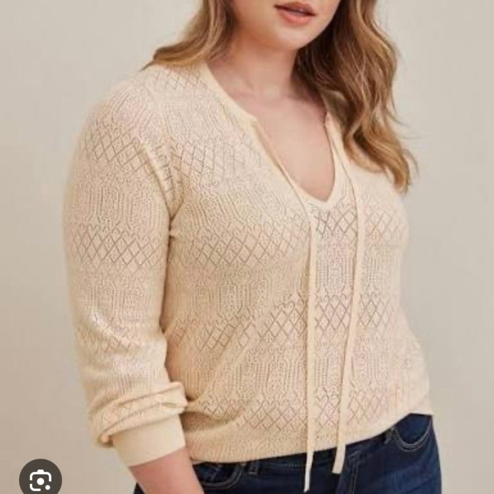 Torrid Tie Neck Pullover Sweater Pointelle Beige Womens Plus 3 3X 22 24‎
